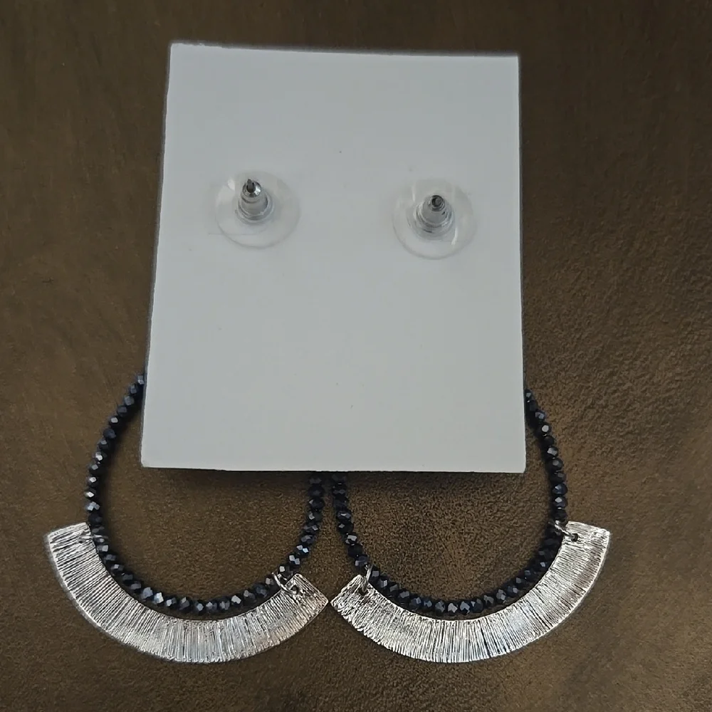 Marlyn Schiff Silver and Black Bead Crescent Earrings